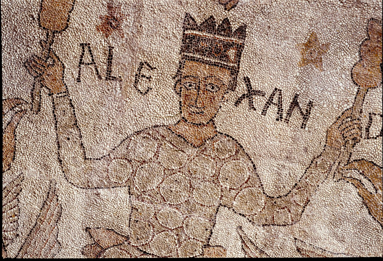 Representación de Alejandro Magno (356-323 a.C.), Rey de Macedonia y conquistador de Persia, rodeado de fauna india durante la conquista de India. Pavimento de Pantaleone de Unknown artist