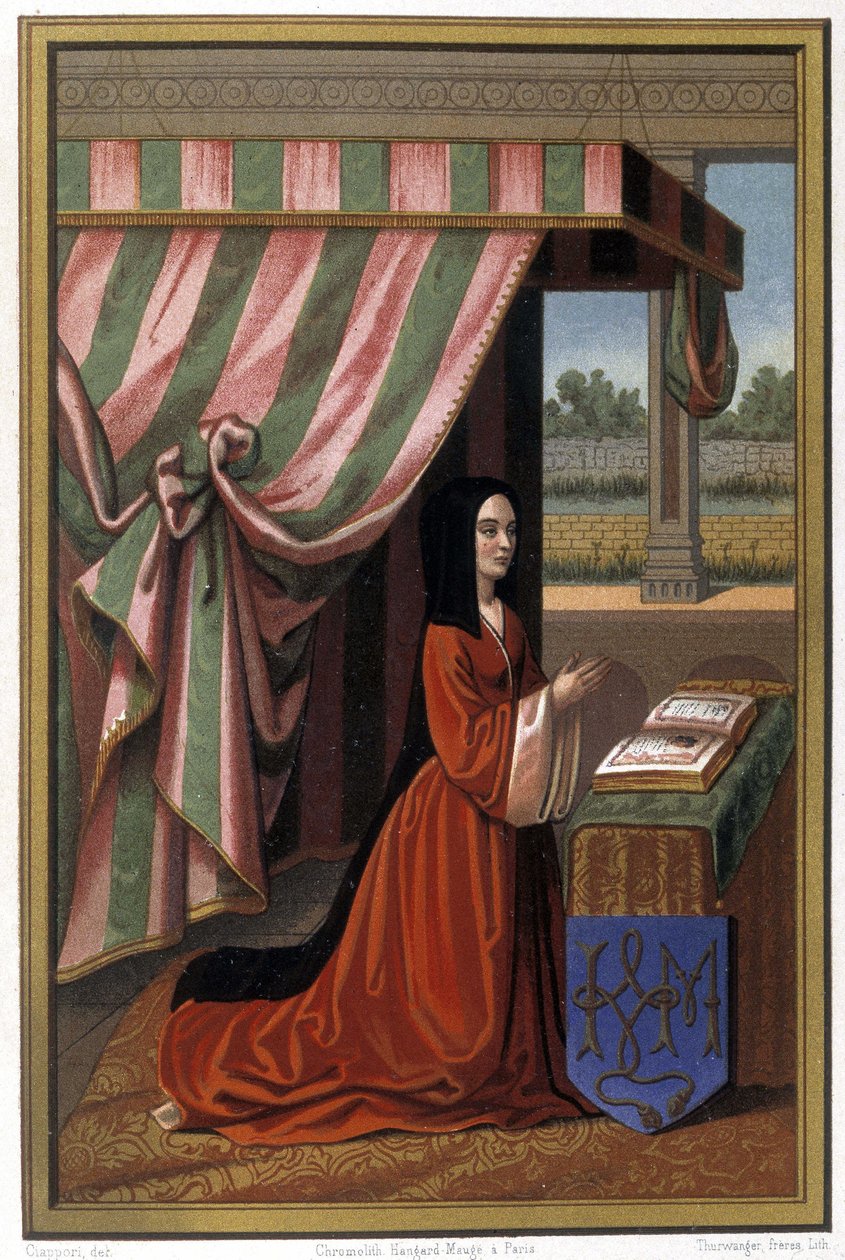 Representación de Ana de Francia conocida como Ana de Beaujeu (1461-1522) en oración. Es la hija de Luis XI y Carlota de Saboya. Cromolitografía después de una iluminación. de Unknown artist