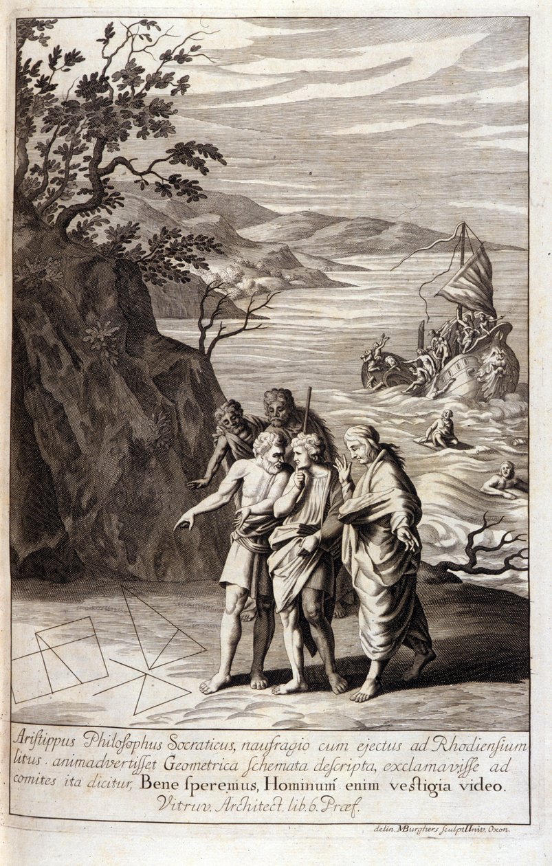 Representación de Aristipo de Cirene (435-356 a.C.) filósofo griego discípulo de Sócrates, después del naufragio que lo arrojó a la costa de Rodas, descubre trazos geométricos en la arena. Grabado del Libro XV de los "Elementos" de Euclides. 1591 de Unknown artist