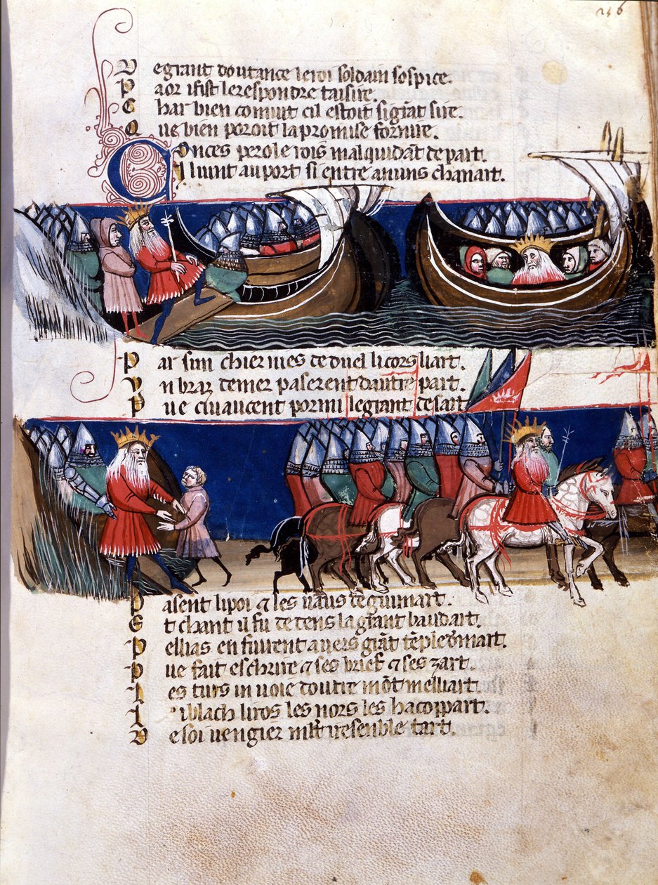 Representación de Carlomagno (742-814) durante sus conquistas: navega en un barco y guía a sus ejércitos. Miniatura del manuscrito franco-italiano 
