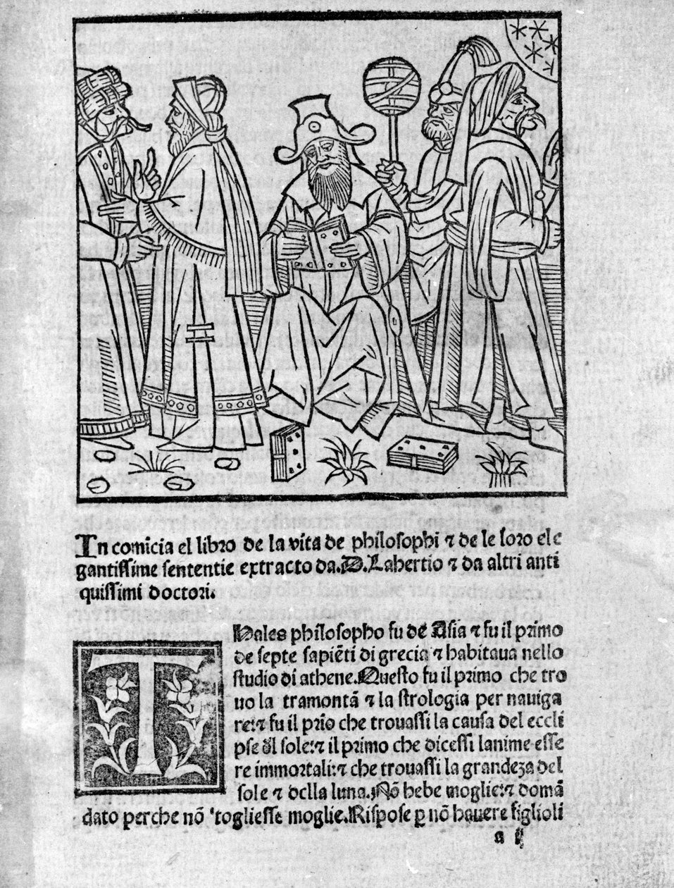 Representación de Diógenes Laercio (120-240) (centro) rodeado de varios pensadores y filósofos. Página tomada de “Vidas, doctrinas y sentencias de filósofos ilustres” (Vitae Philosophorum) por el poeta e historiador Diógenes Laercio (120-240) 1495 de Unknown artist