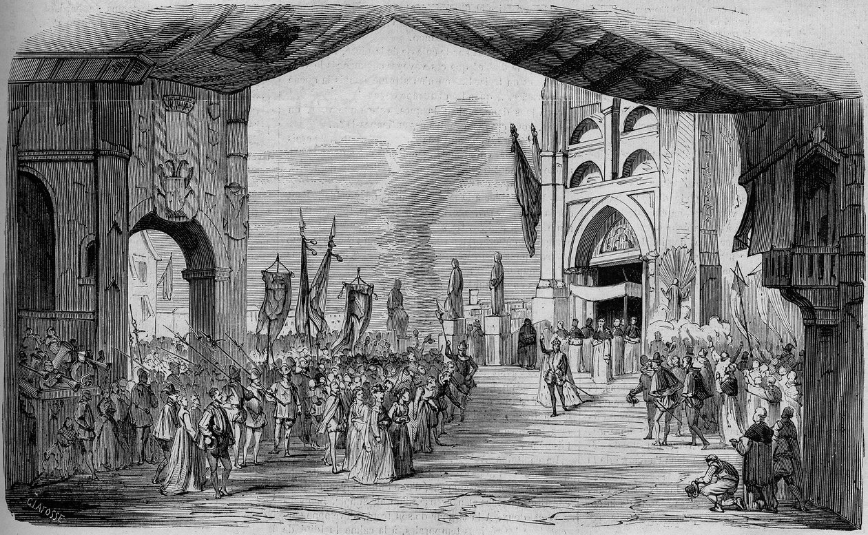 Representación de Don Carlo (Don Carlos) Ópera en 5 actos de Giuseppe Verdi en la Ópera de París el 11 de marzo de 1867. El auto de fe, 3er acto, decorado de Cambon y Thierry. Grabado de 1867. de Unknown artist