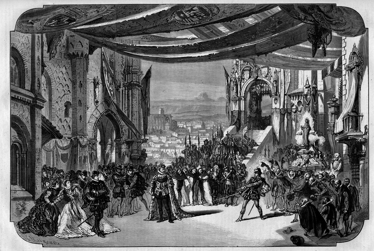 Representación de Don Carlo (Don Carlos) Ópera en 5 actos de Giuseppe Verdi en la Ópera de París el 11 de marzo de 1867. En el dibujo de Neuville el tercer acto, cuarto cuadro, escena IX. de Unknown artist