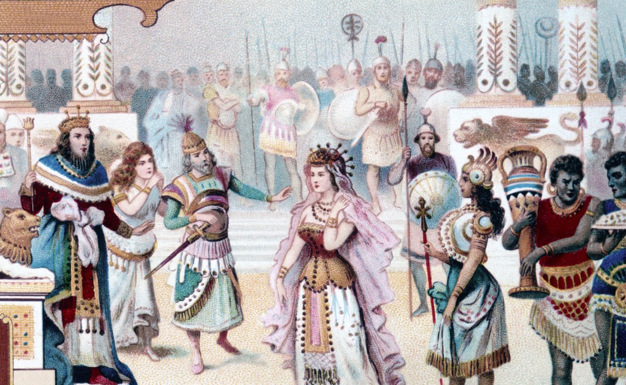Representación de la Escena 1 del Acto I de "La Reina de Saba", ópera compuesta por Karl Goldmark (1830 - 1915). Cromolitografía del siglo XIX. de Unknown artist