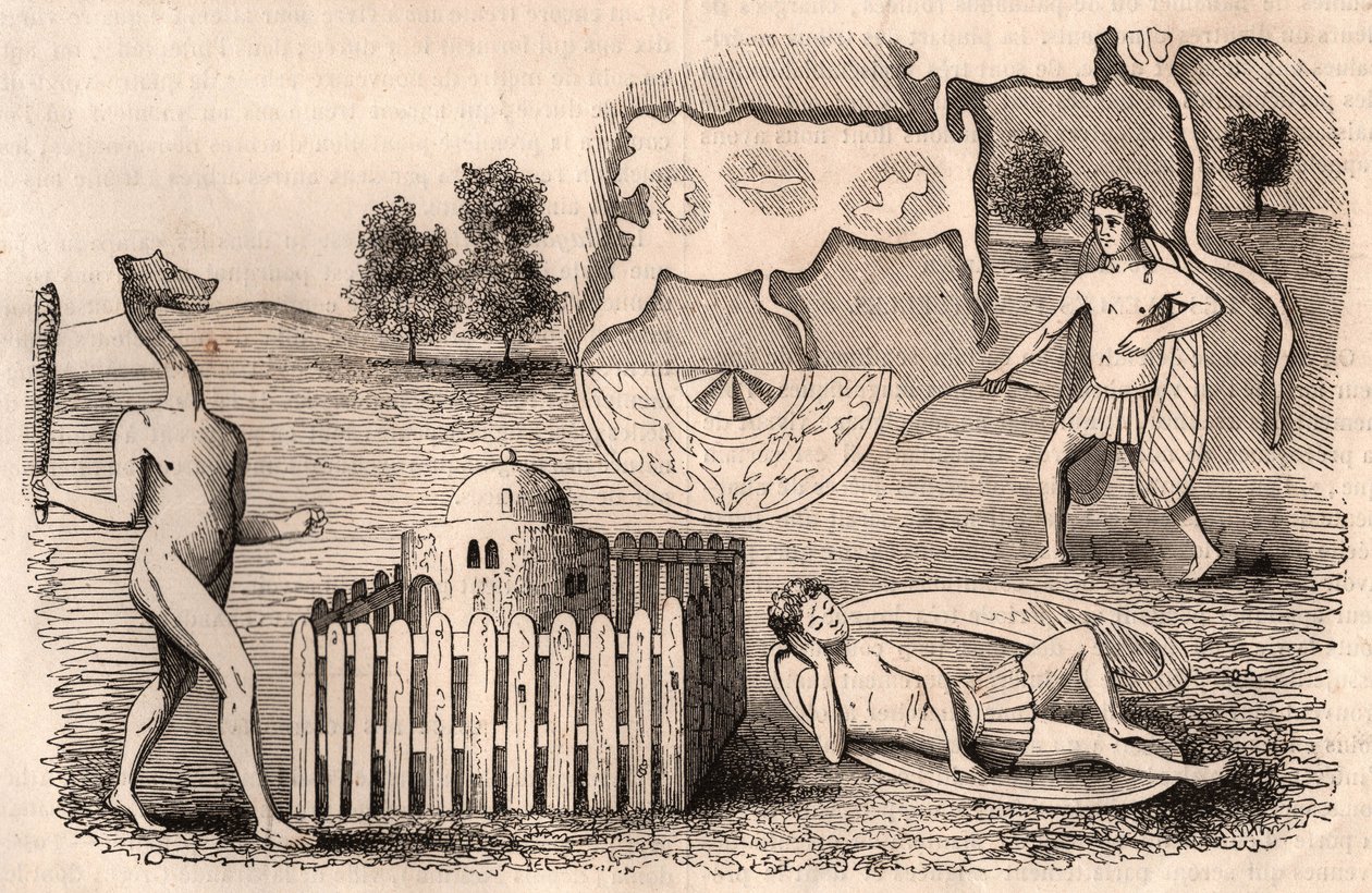 Representación de tribus medievales y especies animales: hombres con orejas largas, uno dormido, y una quimera con una maza de Unknown
