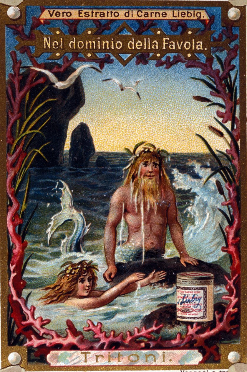 Representación de tritones, criaturas legendarias mitad hombre mitad pez. Cromolitografía del siglo XIX de Unknown artist