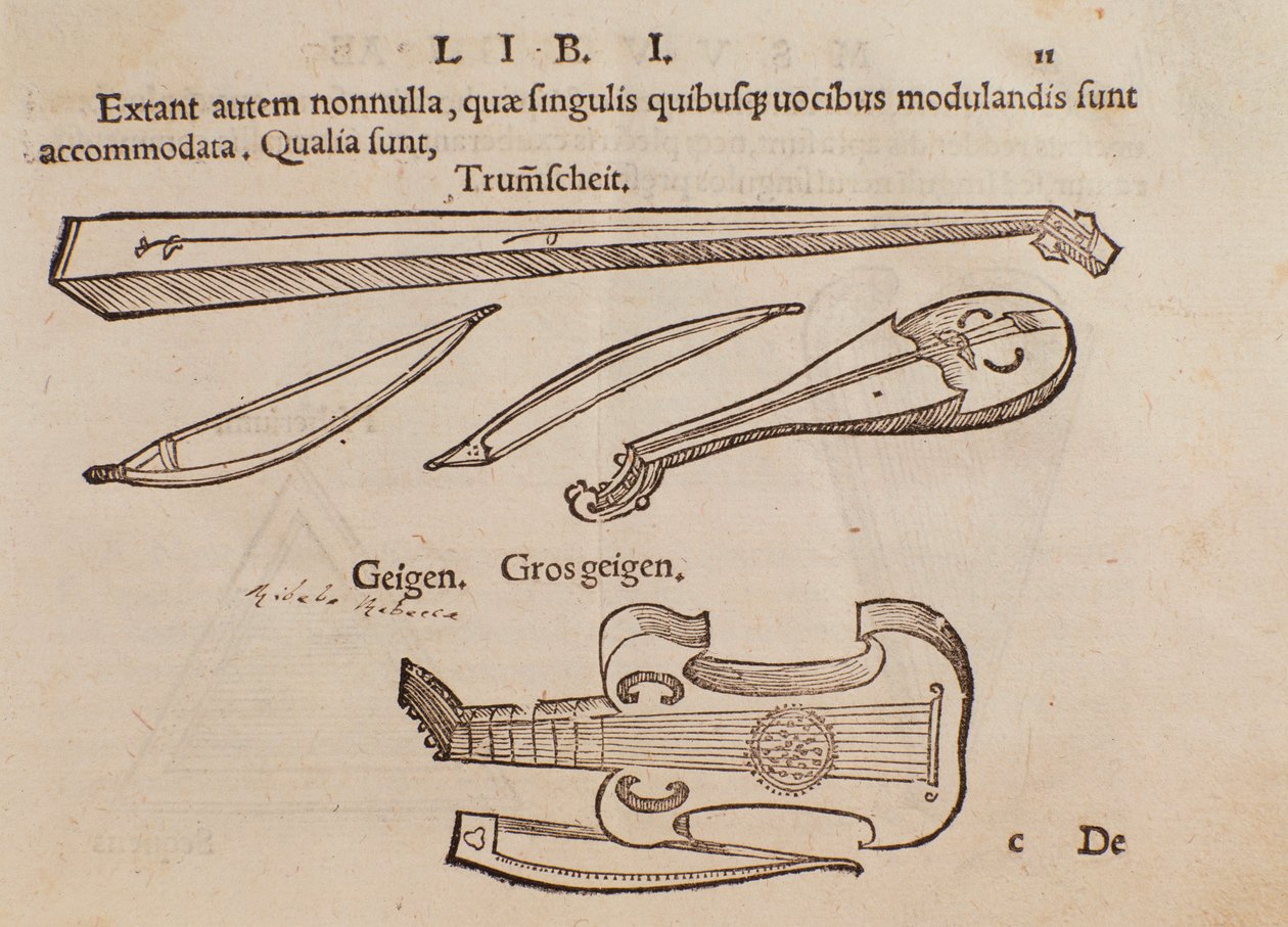 Representación de instrumentos de cuerda y arquero. Página tomada del manual práctico de música Musurgia de Unknown artist