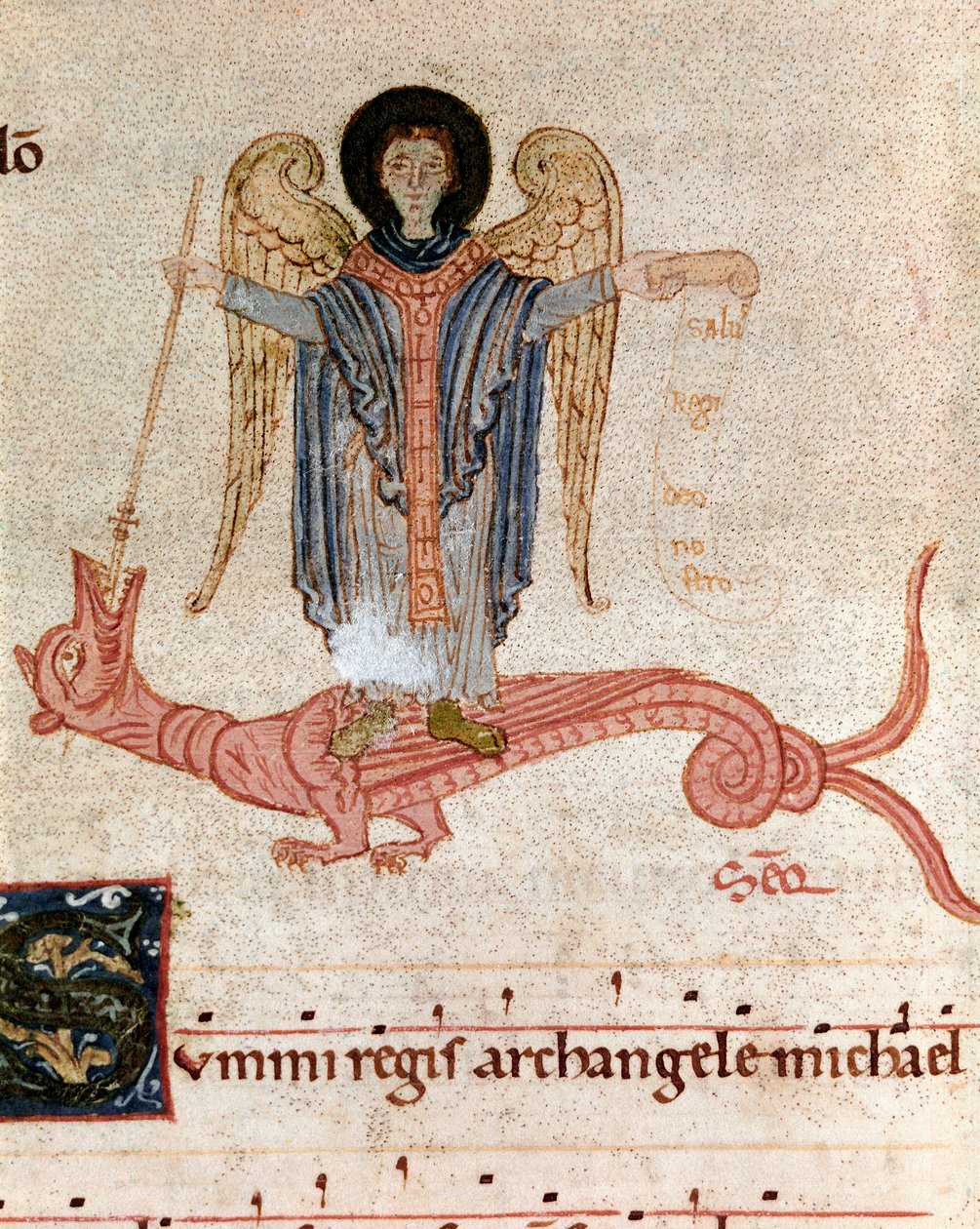 Representación del Arcángel San Miguel y el dragón (miniatura de un antifonario gradual) de Unknown artist