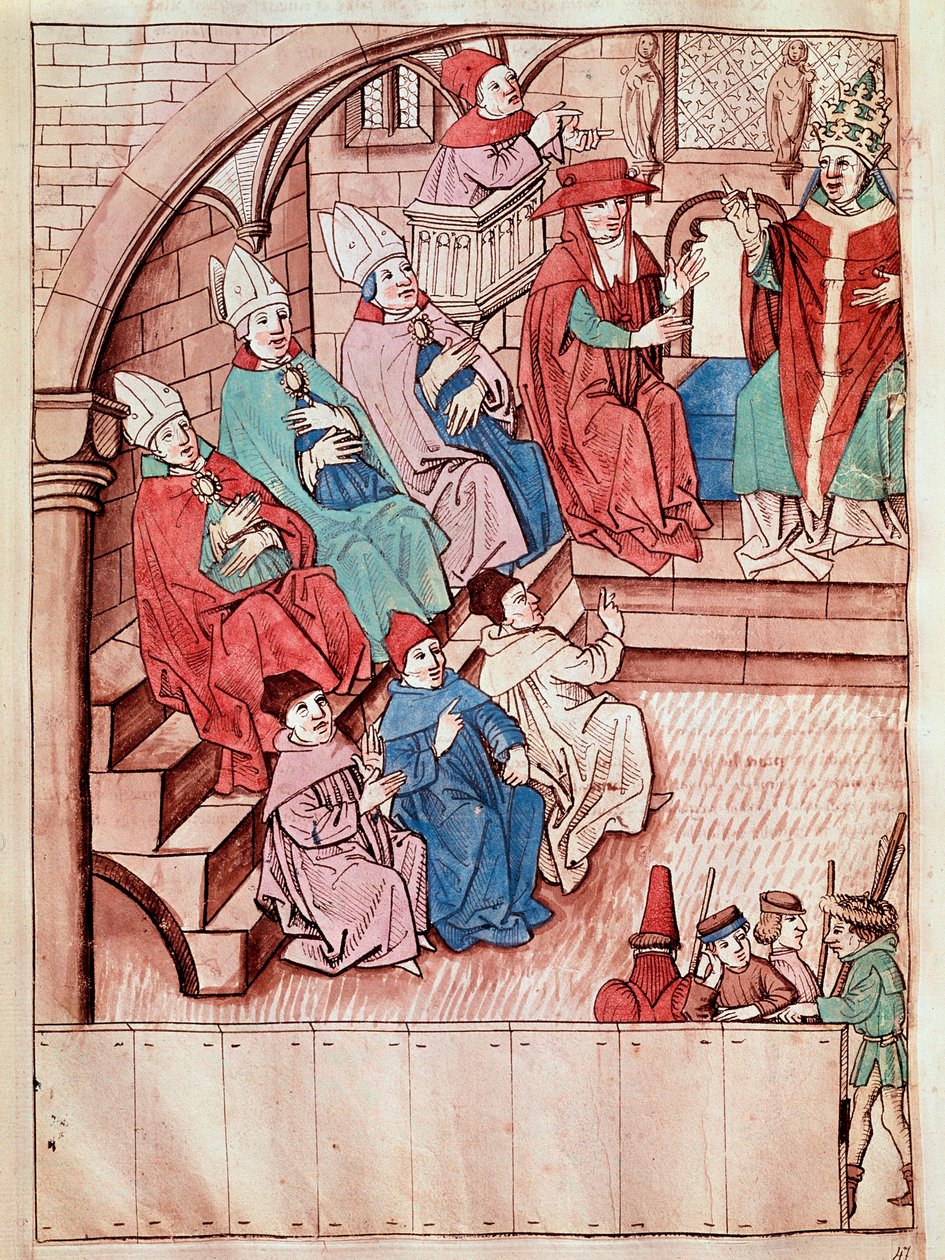 Representación del Concilio de Constanza entre 1414 y 1418, en la parte superior el Papa Martín V Miniatura tomada de “Crónicas del Concilio de Constanza” por Ulrich Richental (1360-1437) aproximadamente 1438 Praga, Nati de Unknown artist
