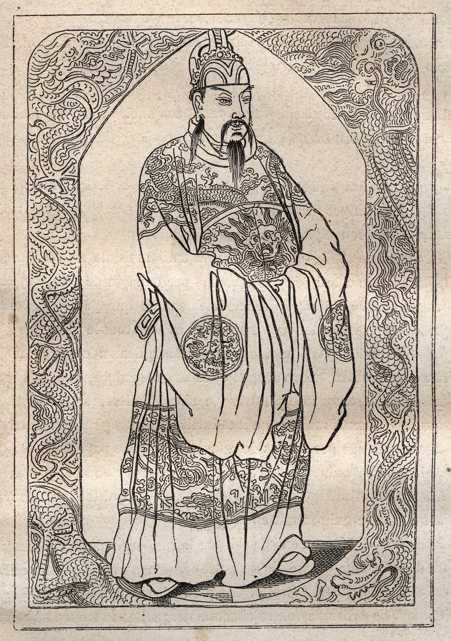 Representación del Emperador de China, según lo descrito por Jean Baptiste Du Halde (1674-1743), publicado en 1735, después de los relatos de los misioneros jesuitas - ilustración tomada de 