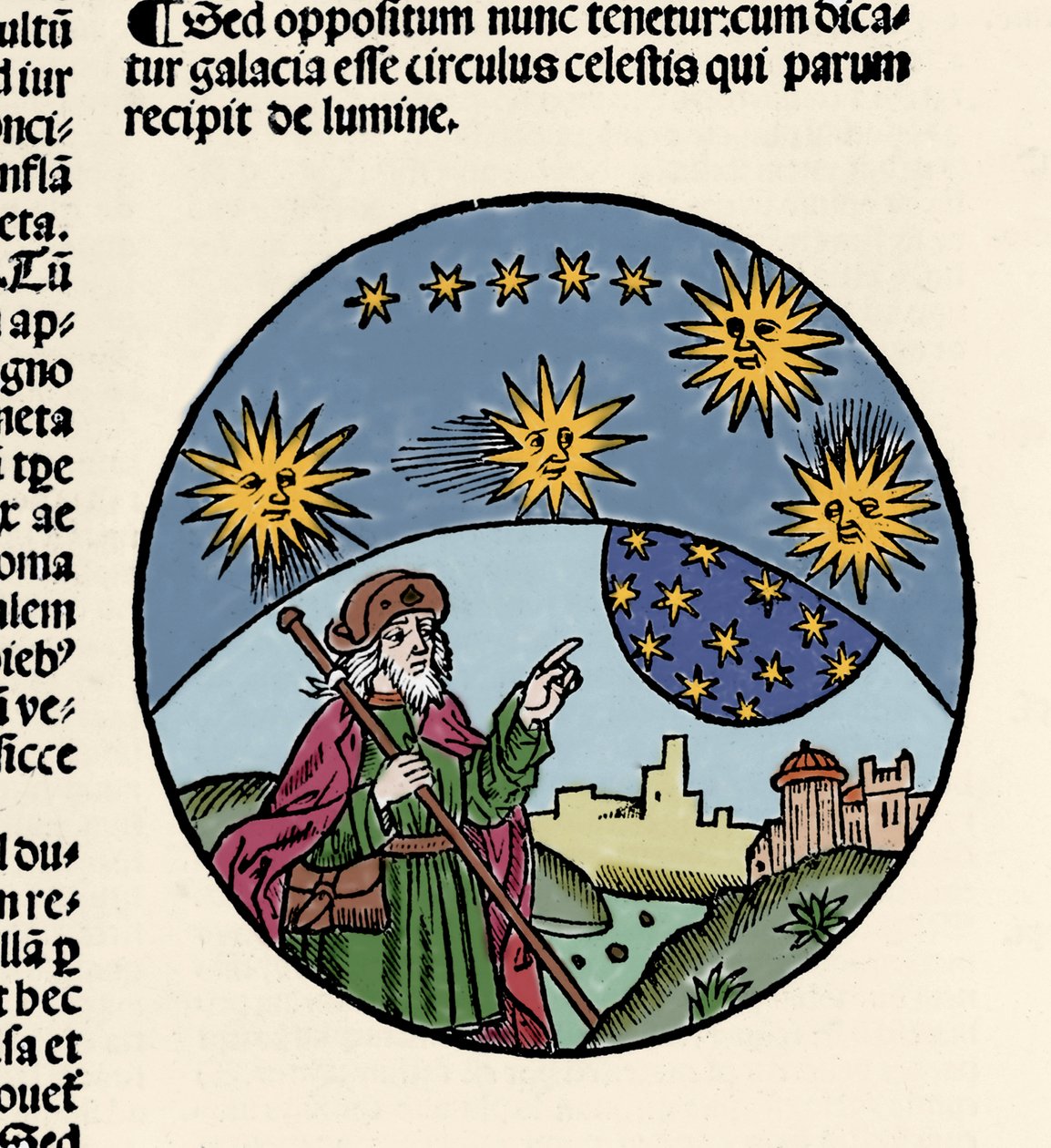 Representación del filósofo griego Aristóteles (384-322 a.C.) indicando las estrellas. Grabado del tratado de física “Textus abbreviatus Aristotelis super octo liris Phisicorum & tota naturalis philosophia” de Thomas Bricot (d. 1516). 1496 de Unknown artist