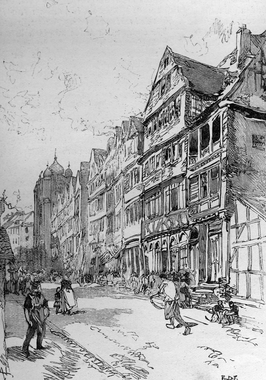 Representación de la Calle Judía en Frankfurt, lugar de nacimiento de la familia Rothschild. Grabado en "El Mundo Ilustre" de Unknown artist
