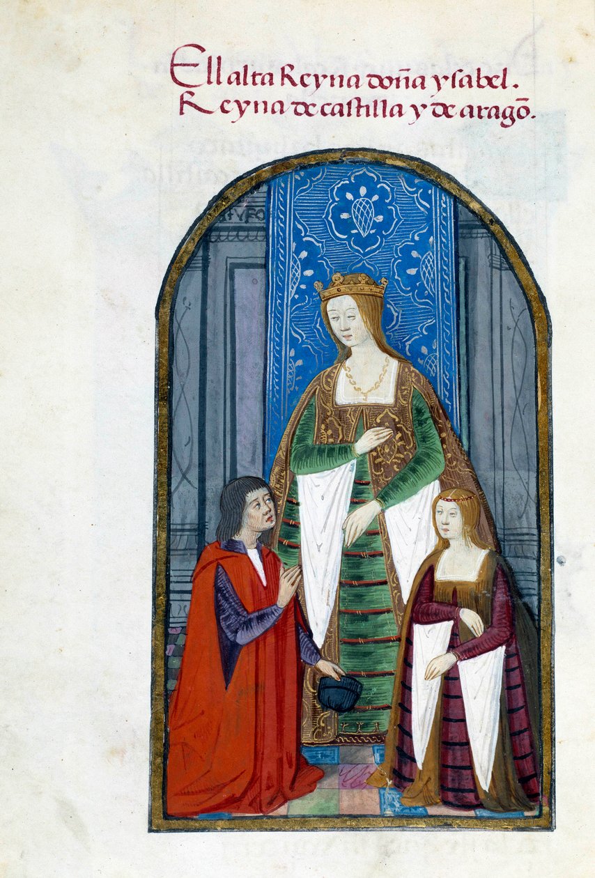 Representación de la Reina de España Isabel la Católica (1451-1504), su hija Juana I la Loca (1479-1555) y Pedro Marcuello. Página de manuscrito tomada de la "Colección de devoción de la Reina Juana la Loca (1479-1555) de España" por Pedro Mar de Unknown artist