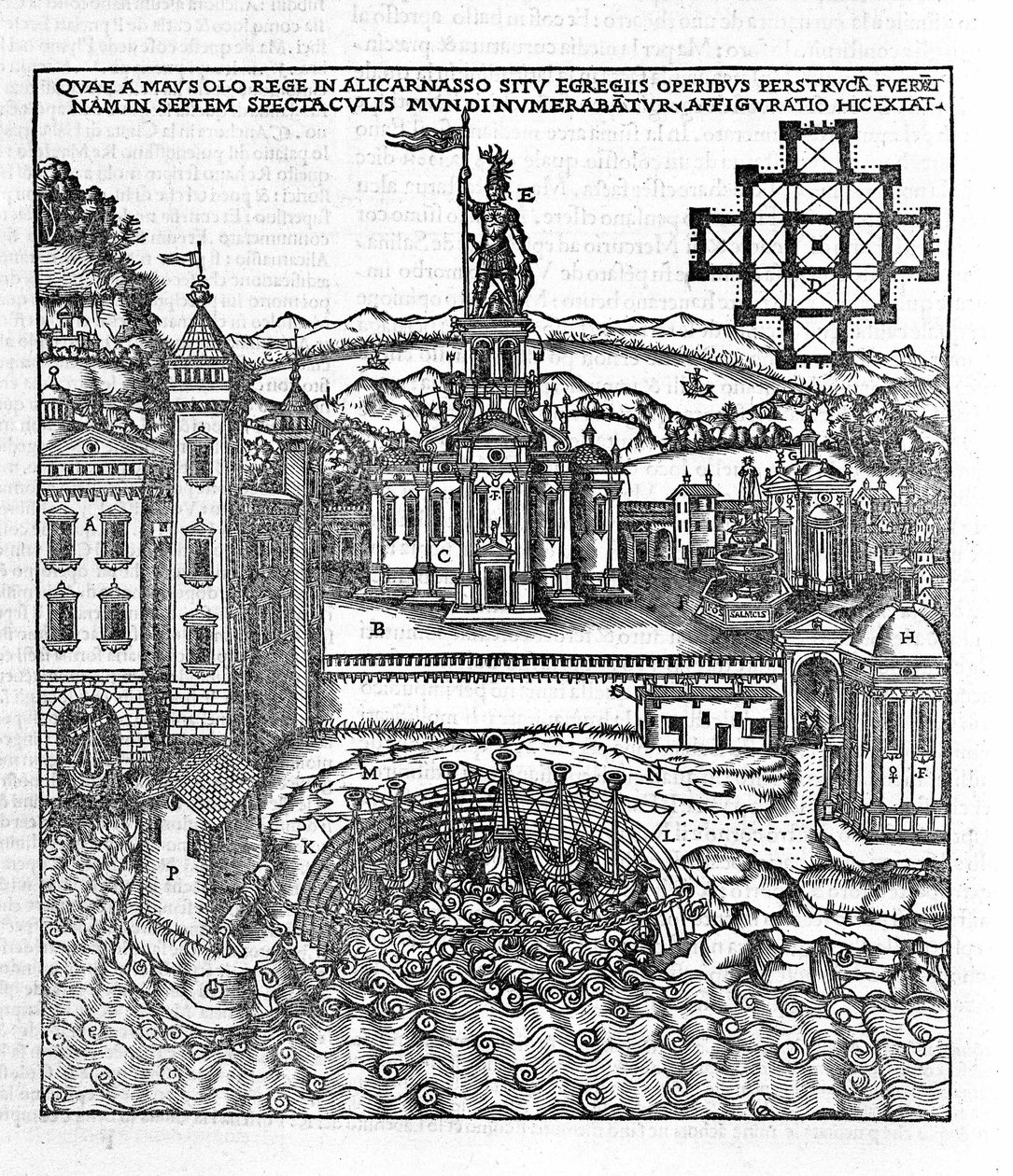 Representación de las Siete Maravillas de la Antigüedad: el Mausoleo de Halicarnaso que se encontraba en el Mar Egeo en el suroeste de Turquía. Grabado en “De Architectura” de Vitruvio (siglo I a.C.) - edición de Gottardo da Ponte, Como de Unknown artist