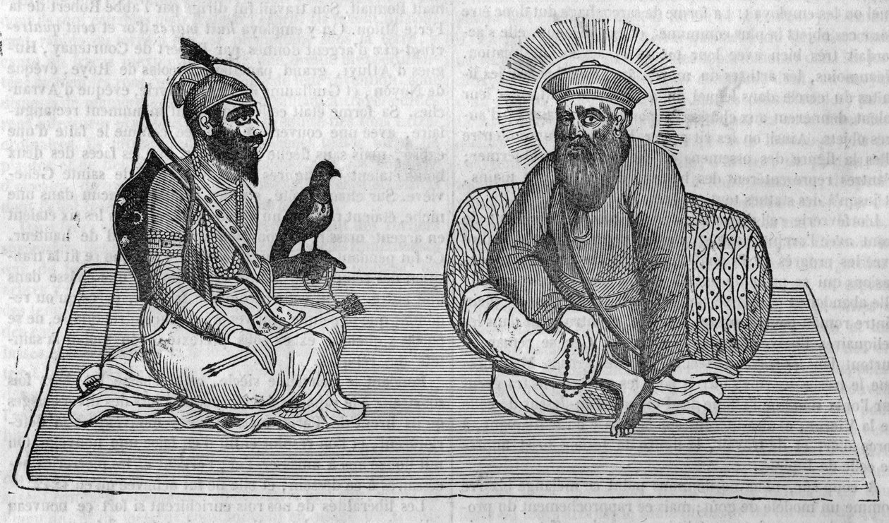 Representación de los fundadores del sijismo (o religión sij): Guru Nanak (1469-1539) y Guru Gobind Singh (1666-1708). En “Le magazin picturesque” 1836 de Unknown artist
