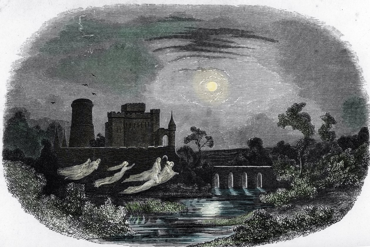 Representación de los fantasmas de los antiguos señores de Blandy volando alrededor de los muros del castillo, Blandy-les-Tours, Sena y Marne (fantasmas que rondan el castillo de Blandy les Tours, Sena y Marne) Grabado de "Mysteres des vieux chateaux de Fr de Unknown artist