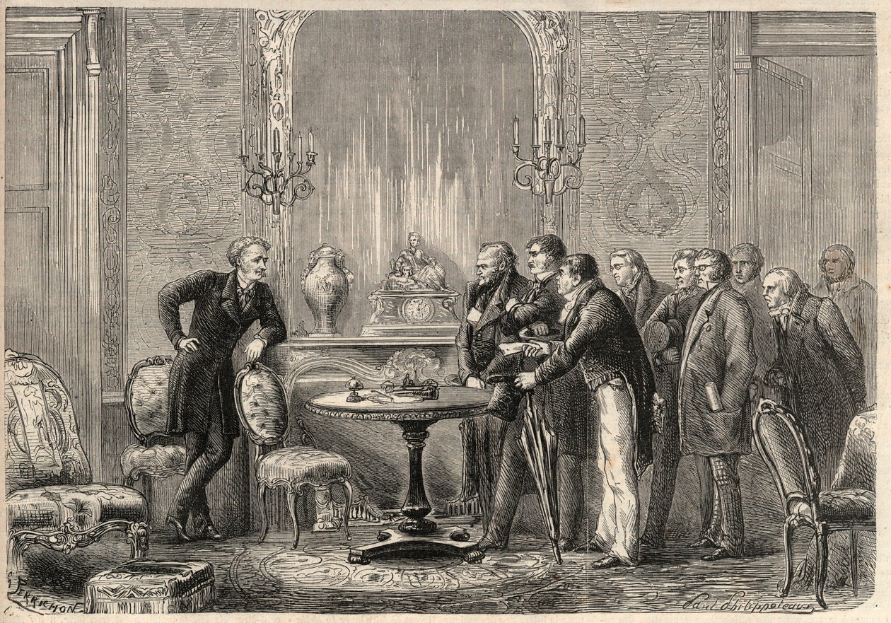 Representación de la obra “Mercadet” (Le Faiseur) de Honoré de Balzac (1799-1850) en la Comédie Française. Acto III, Escena VI. Grabado en “L