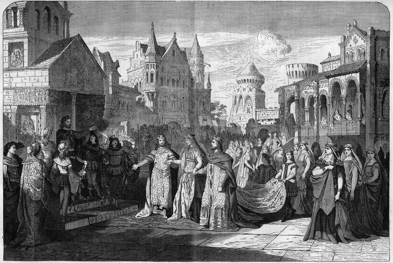 Representación de la ópera romántica "Lohengrin" de Richard Wagner (1813-1883), acto II última escena, en el Teatro Real de Múnich, Alemania. Grabado en "El Universo Ilustre" de Unknown artist