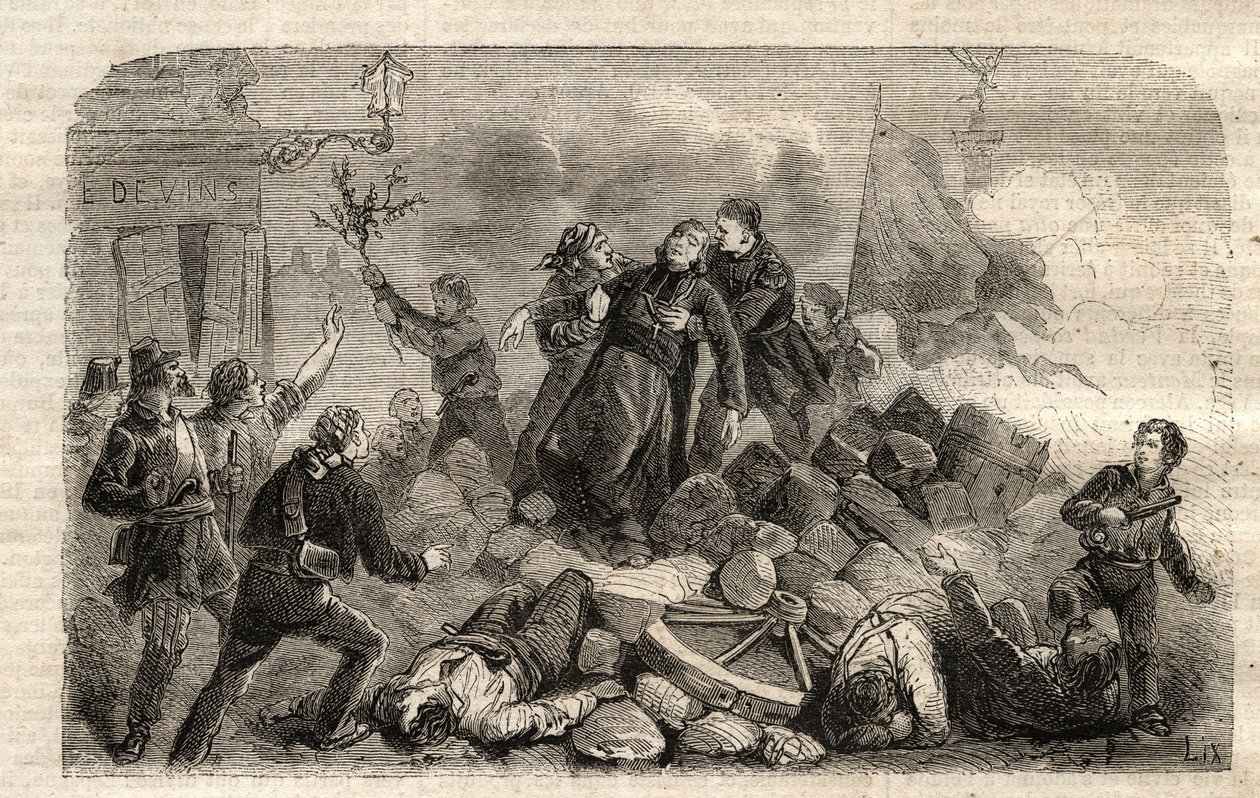 Revolución 1848: "El Arzobispo Monseñor Denis Affre (1793-1848) en la Barricada Faubourg Saint Antoine en París 26/06/1848 (Do o mon dieu que mon sang soit le dernier verse) (Muerte de Denis Affre Arzobispo de París en la barricada a la entrada de t de Unknown artist