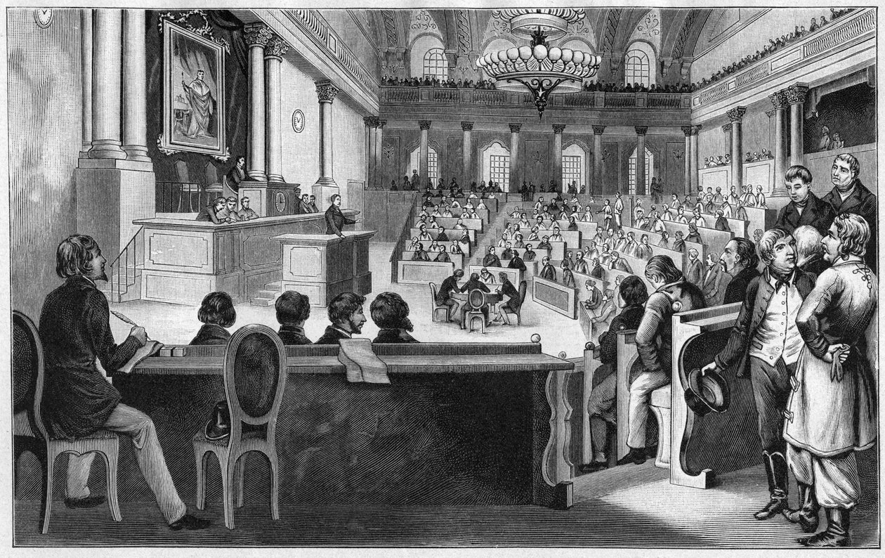 Revolución en Viena 1848 - La reunión de la primera Asamblea Constituyente Austriaca (Reichsversammlung), julio de 1848, en la Escuela Española de Equitación en Viena, Austria de Unknown artist