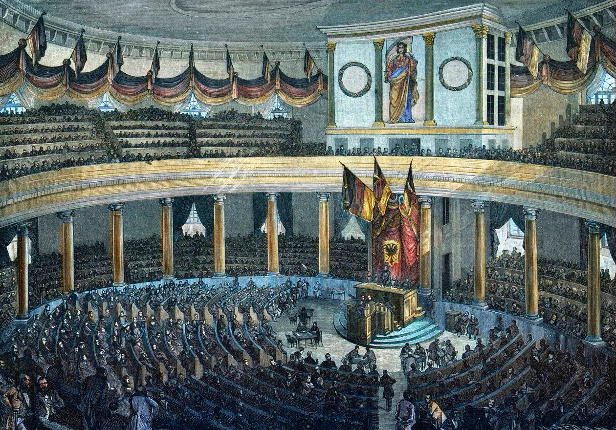 Revoluciones 1848 - 1849: Asamblea Nacional Alemana en la Iglesia de San Pablo en Frankfurt am Main - grabado en madera coloreado de Unknown artist