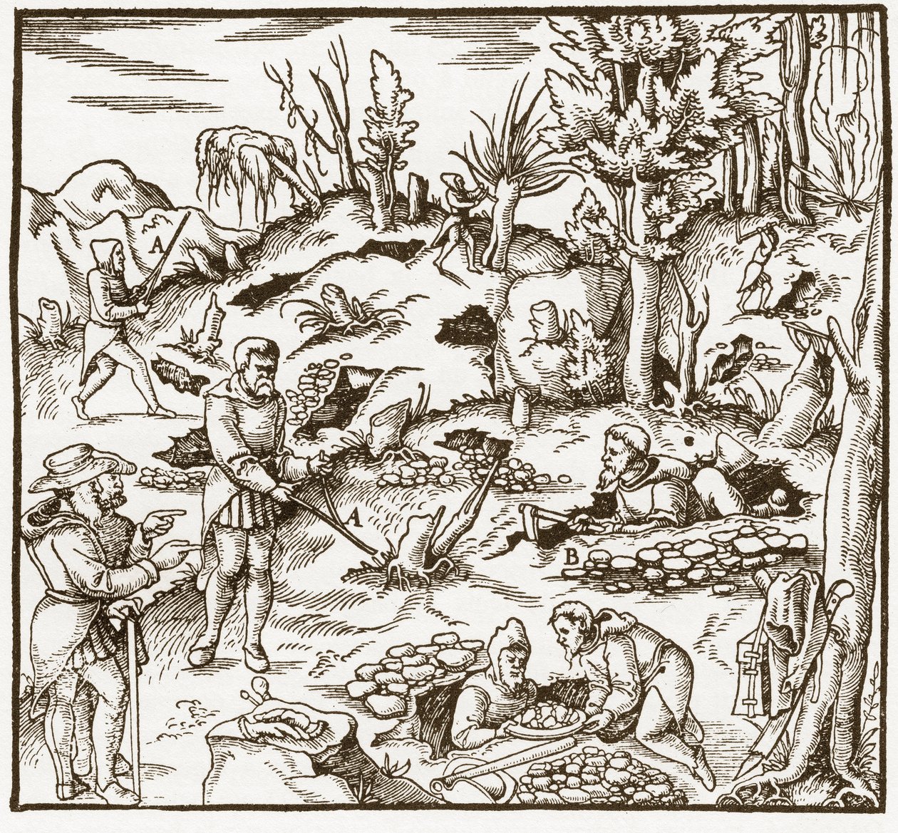 Rabdomancia - Exploración de un campo minero usando la vara adivinatoria - Hombres cortan y usan varas adivinatorias para localizar minerales - De De re metallica por Georgius Agricola (Georg Bauer), Basilea de Unknown artist
