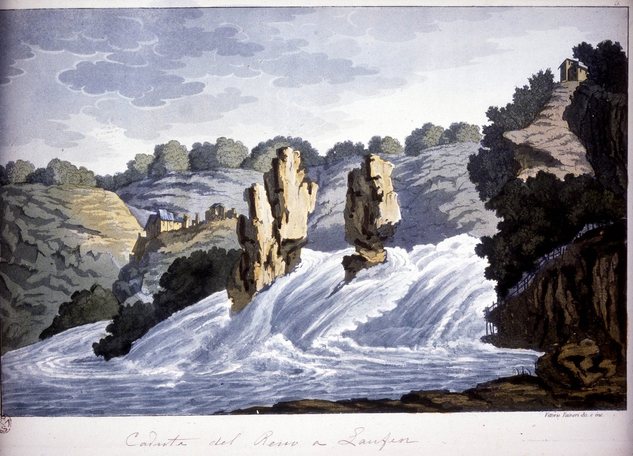 Cascada del Rin en Laufen, Alemania. Grabado de principios del siglo XIX de Unknown artist