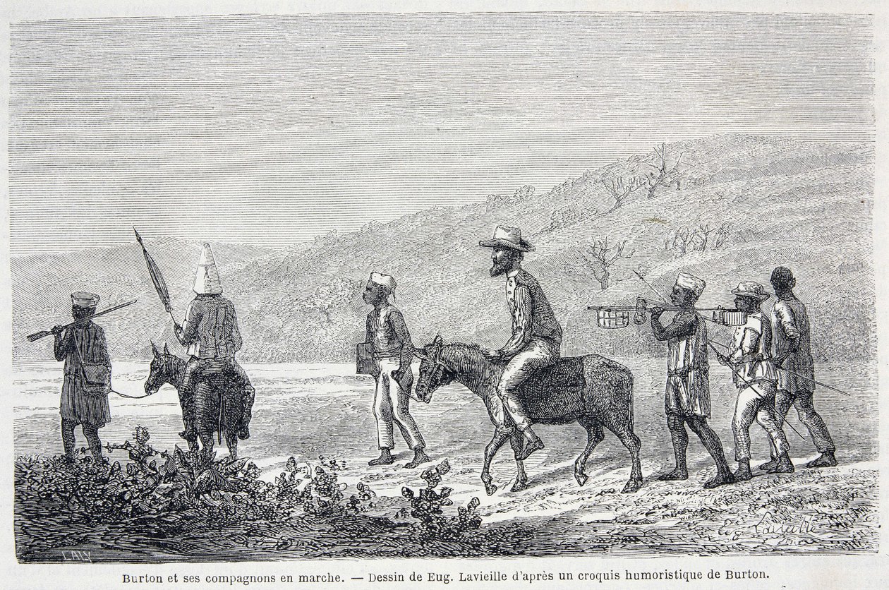 Richard Francis Burton, explorador británico (1821-1890), y sus compañeros en África. Dibujo que ilustra el artículo “El viaje del Capitán Burton a los Grandes Lagos de África 1857-59” - en “Tour du Monde”, 2º semestre 1860 de Unknown artist