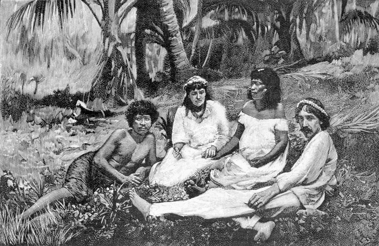 Robert Louis Stevenson (1850 - 1894) con su esposa en Samoa donde tenía su residencia publicada en Vailima. Grabado alrededor de 1890-1895. de Unknown artist