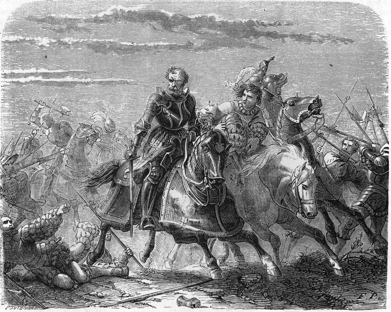 Roberto de la Marca de los Lansquenetes, lleva el cuerpo de su hijo de los suizos. Grabado del siglo XIX de Unknown artist
