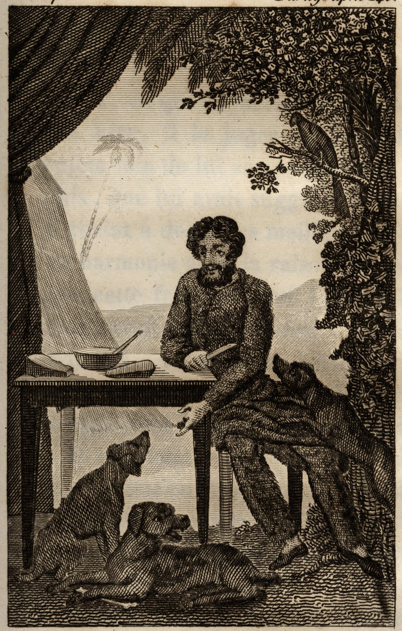 Los perros de Robinson Crusoe esperan que les arroje algunos trozos para comer, grabado insertado en “Las aventuras de Robinson Crusoe” de Daniel Defoe (1660-1731), edición la librería de educación, París 1838. Colección Selva. de Unknown artist
