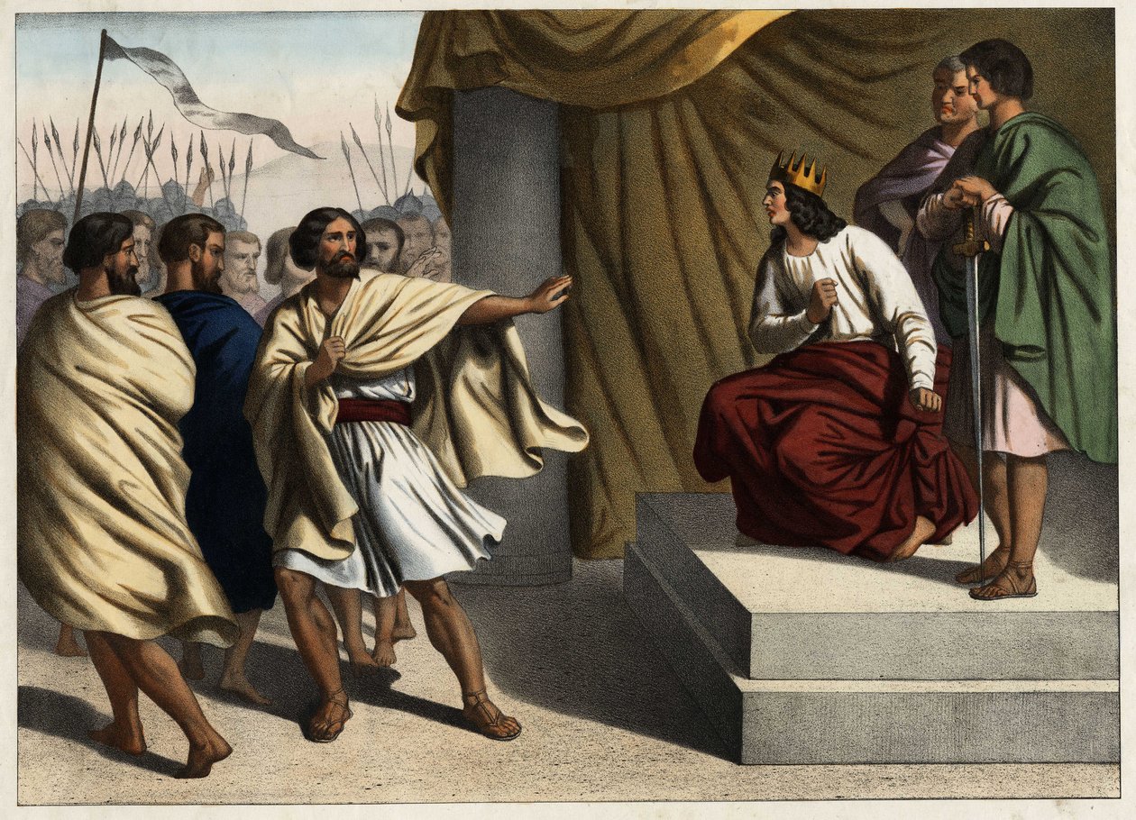 Roboam, el primer rey de Judá, desencadenó la revuelta de las diez tribus del norte (grabado anónimo de mediados del siglo XIX) de Unknown artist