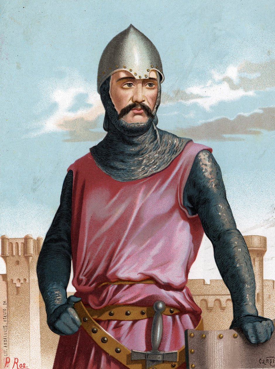 Rodrigo Díaz de Vivar, conocido como el Cid Campeador, héroe español (1043-1099). Después de Sombras y Mujeres Famosas, Barcelona 1877 de Unknown artist