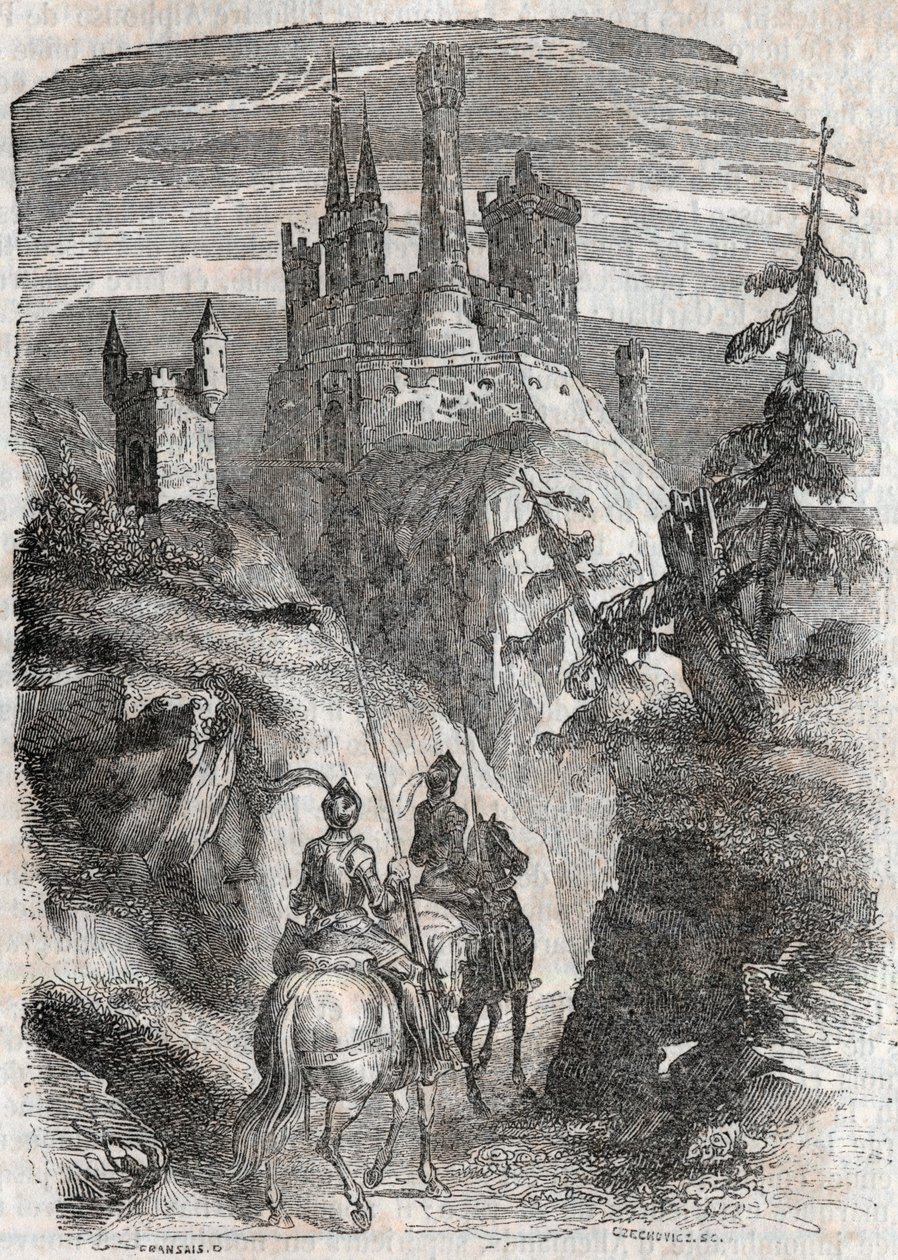 Roger y Richardet ven el castillo de Aigremont - grabado de 1851 de “Roland Furioso” (Orlando furioso) (siglo XVI) de Ludovico Ariosto, conocido como el Ariosto - Edición traducida del italiano por el Conde de Tressan y publicada por Gustave Harvard. de Unknown artist