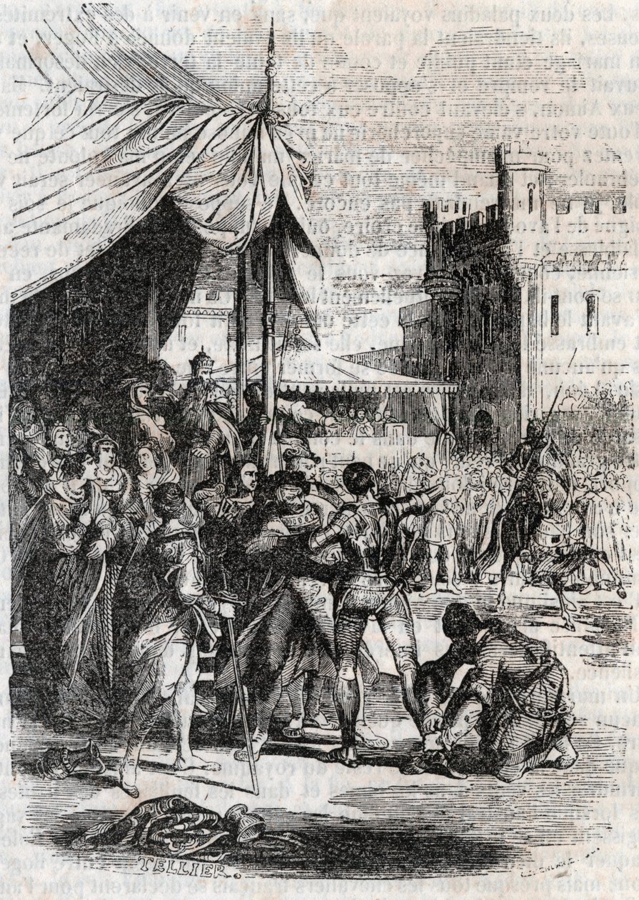 Roger (Ruggero, Ruggiero) desafía en batalla a Rodomonte - grabado de 1851 de 