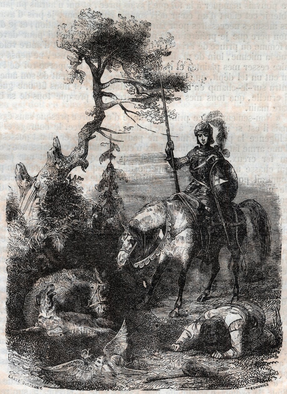 Roger (Ruggero, Ruggiero) usa el escudo encantado - grabado de 1851 de 