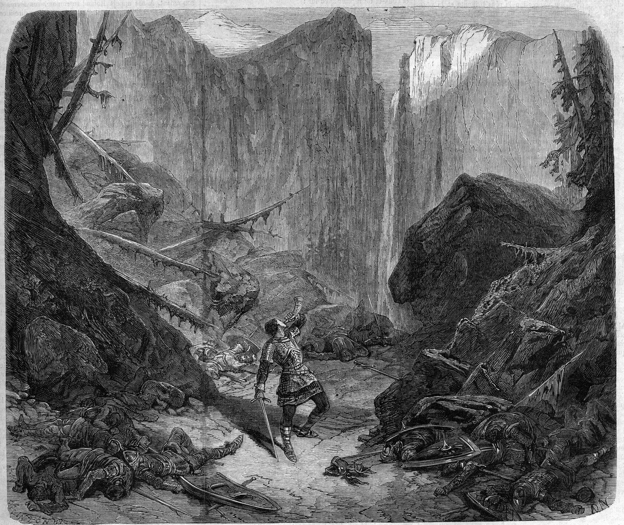 Rolando soplando en su cuerno en la Batalla de Roncesvalles el 15 de agosto de 778. Dibujo de Alphonse de Neuville para la ópera 