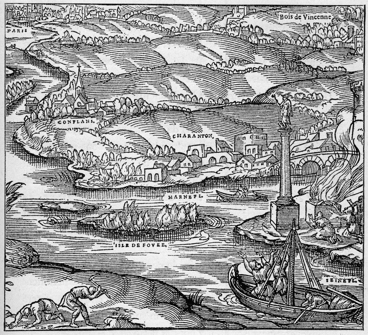 Galia romana: un monumento construido por los marineros parisinos bajo el reinado de Tiberio, en la confluencia del Sena y el Marne. Grabado en 