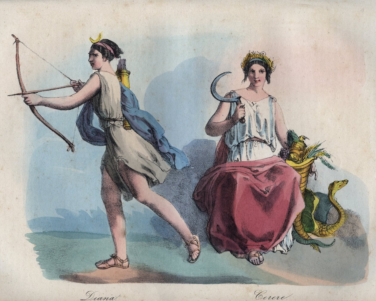 Mitología romana - Diana la diosa de la caza y Ceres diosa de la agricultura - grabado de 