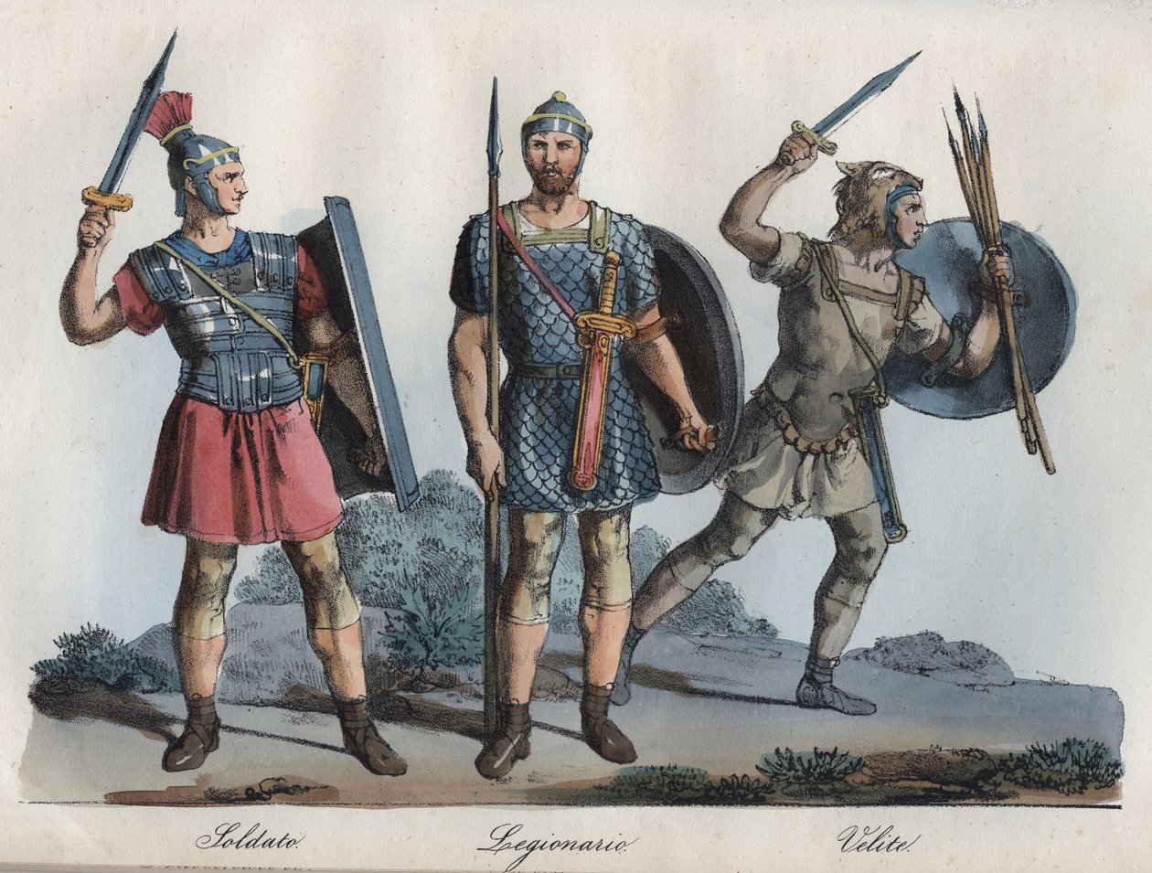 Soldado romano - Legionario - Velites (infantería ligera) - grabado de “Usi e Costumi di Tutti i Popoli dell
