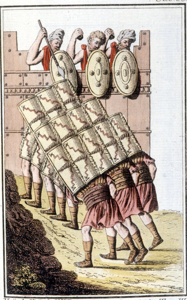 Soldados romanos (legión romana) maniobrando y defendiéndose con sus escudos. Grabado de principios del siglo XIX de Unknown artist