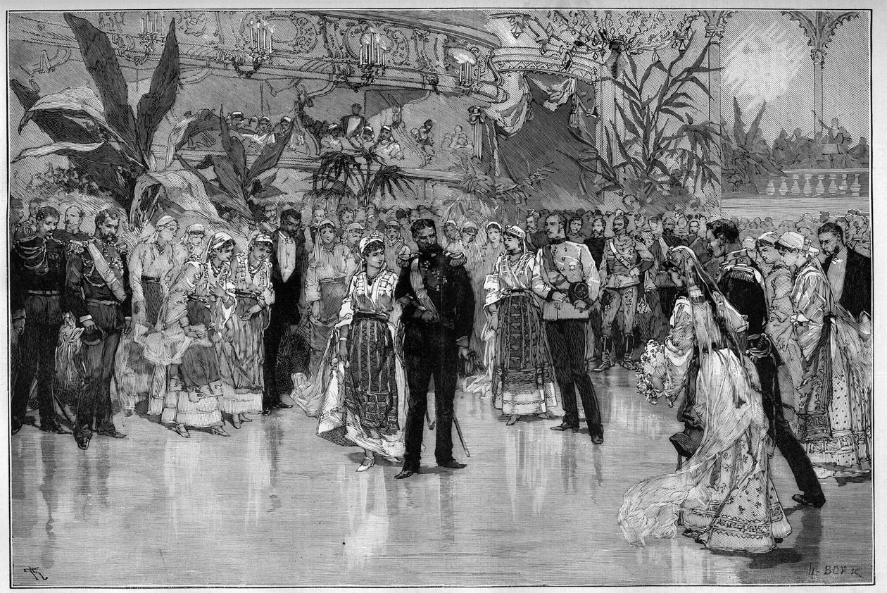 Rumania: Baile dado en honor del Príncipe Rodolfo (1858-1889) y la Princesa Stephanie de Austria Hungría (1864-1945) en el Teatro Nacional de Bucarest. Grabado en "Le Monde Illustré" de Unknown artist