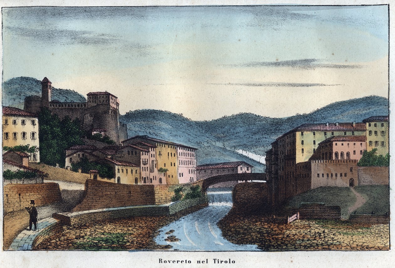 Ciudad de Rovereto en Trentino en el norte de Italia - siglo XIX - grabado de “Usi e Costumi di Tutti i Popoli dell