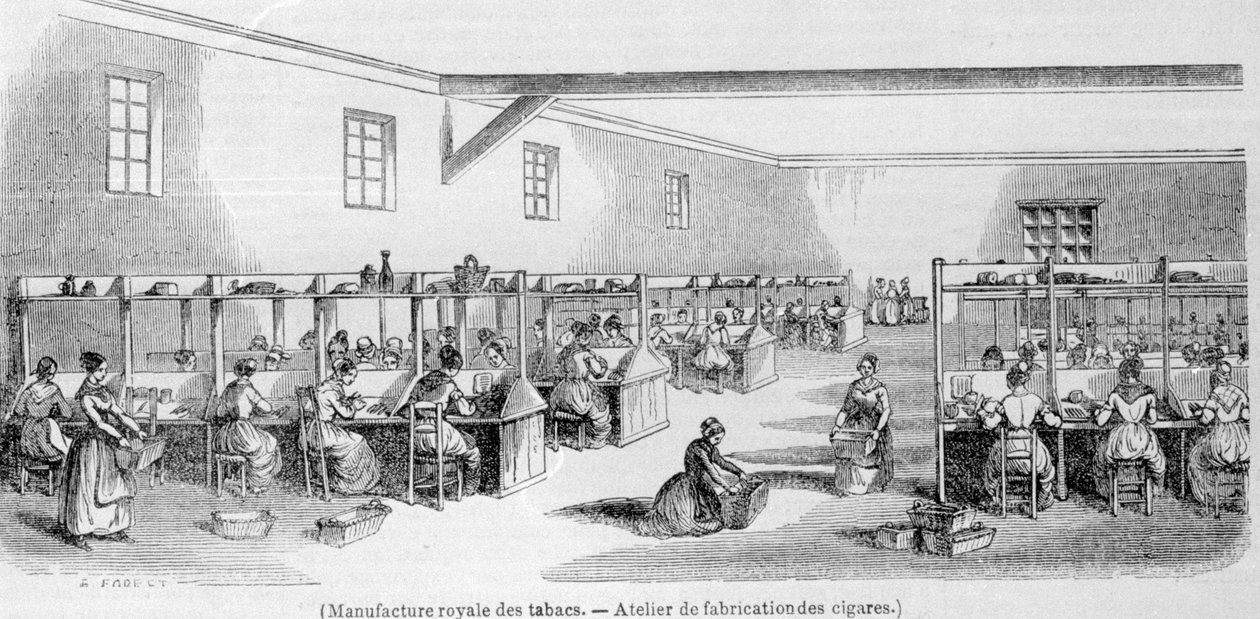 Fábrica Real de Tabaco: taller de fabricación de cigarros. Grabado del siglo XIX de Unknown artist