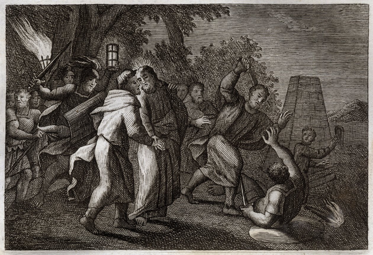 Biblia de Royaumont, Nuevo Testamento: Arresto de Jesucristo o el Beso de Judas. Los soldados vienen a arrestar a Cristo en el Jardín de los Olivos. San Pedro corta la oreja de uno de ellos. Ilustración de 1811 de Unknown artist
