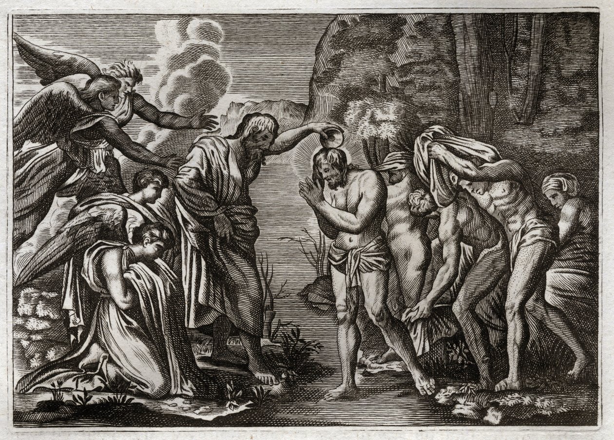 Biblia de Royaumont, Nuevo Testamento: Bautismo de Jesucristo. San Juan Bautista bautizando a Jesucristo en las aguas del río Jordán. Ilustración de 1811. de Unknown artist