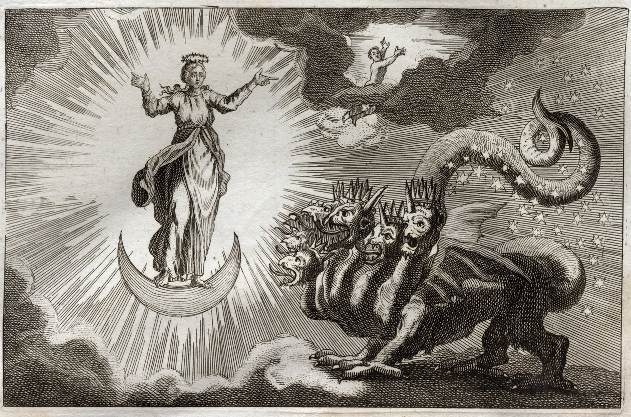 Biblia de Royaumont, Nuevo Testamento: La bestia del Apocalipsis. San Juan ve una bestia monstruosa con siete cabezas y diez cuernos y una mujer embarazada rodeada de luz, bajo cuyos pies está la luna y en su cabeza una corona de doce estrellas. Ilustració de Unknown artist