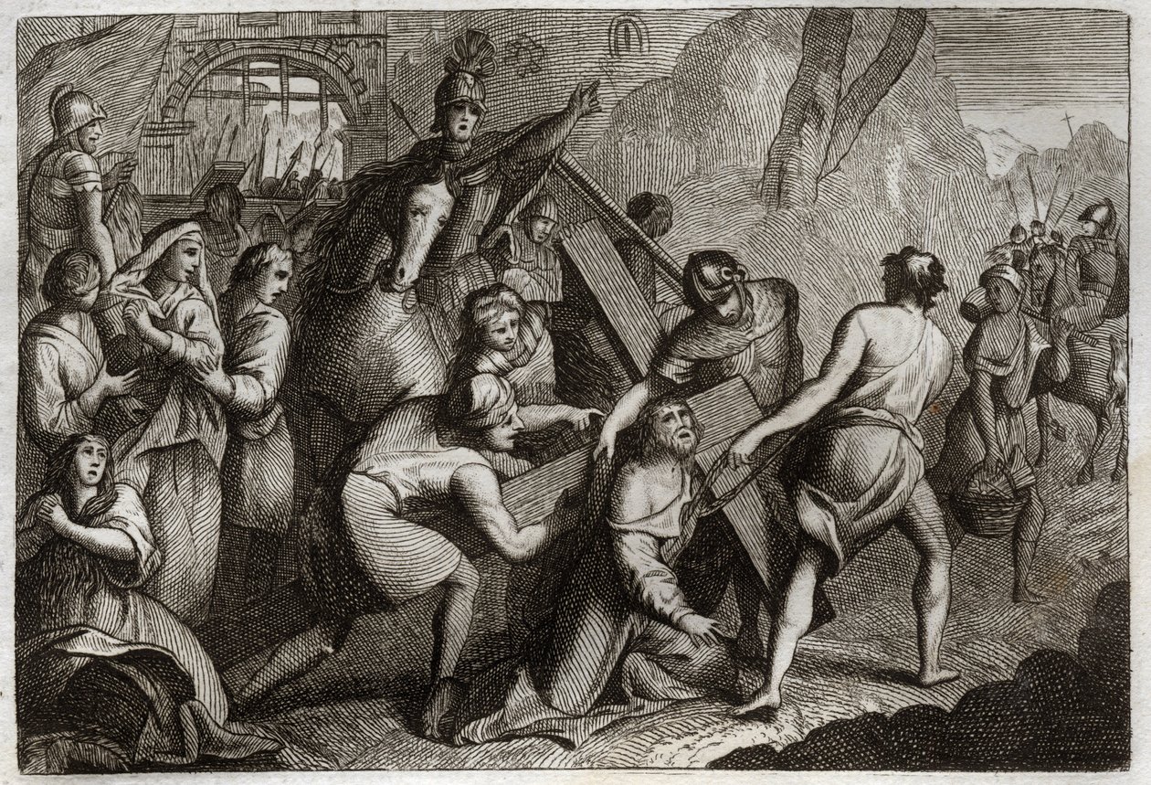 Biblia de Royaumont, Nuevo Testamento: Cargando la cruz (Vía Crucis). Jesucristo lleva su cruz al Monte Calvario con la ayuda de Simón de Cirene. Ilustración de 1811. de Unknown artist