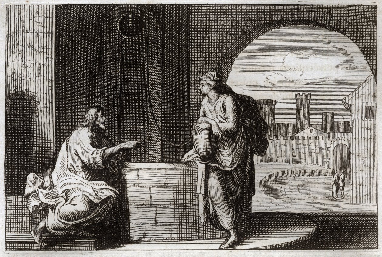 Biblia de Royaumont, Nuevo Testamento: Cristo y la samaritana en el pozo. Jesucristo convierte a una mujer samaritana. Ilustración de 1811 de Unknown artist
