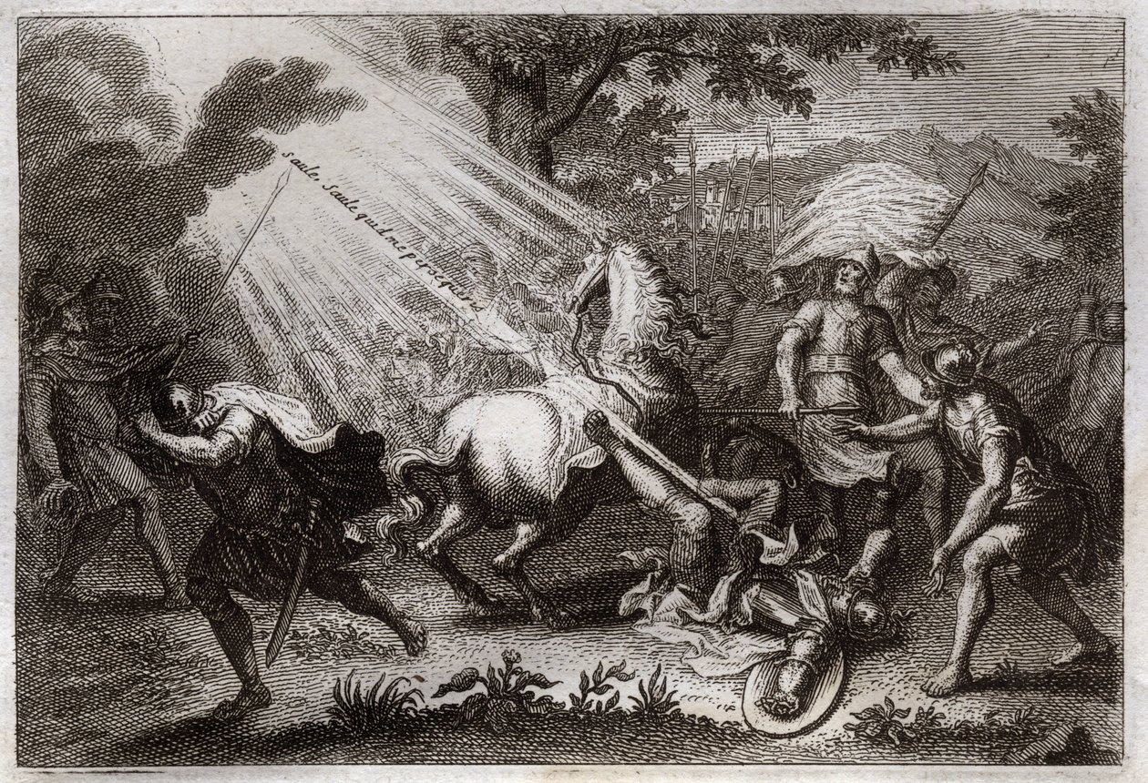 Biblia de Royaumont, Nuevo Testamento: Conversión de San Pablo en el camino a Damasco. Escucha la voz de Jesucristo que le dice "Saulo, Saulo, ¿por qué me persigues?" y un caballo cae. Ilustración de 1811 de Unknown artist